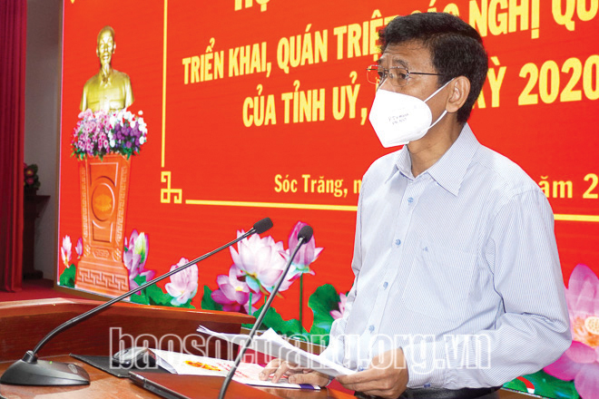 Đồng chí Lâm Văn Mẫn - Ủy viên Trung ương Đảng, Bí thư Tỉnh ủy phát biểu tại Hội nghị triển khai, quán triệt các nghị quyết chuyên đề của tỉnh Sóc Trăng, nhiemj kỳ 2020-2025 (Ảnh: Báo Sóc Trăng).
